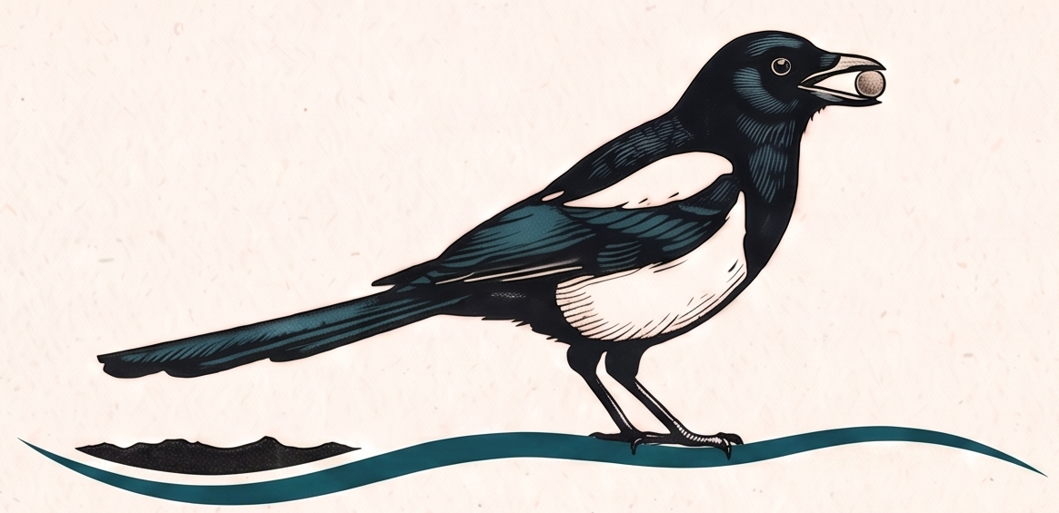 An engraved magpie holding a bead, standing on a teal tide line